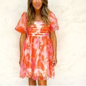 Entro Pink & Orange Puff Sleeve Mini Dress small